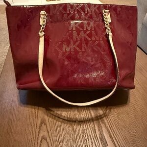 Michael Kors Burgundy Patent MK Logo Tote with Gold Chain Straps